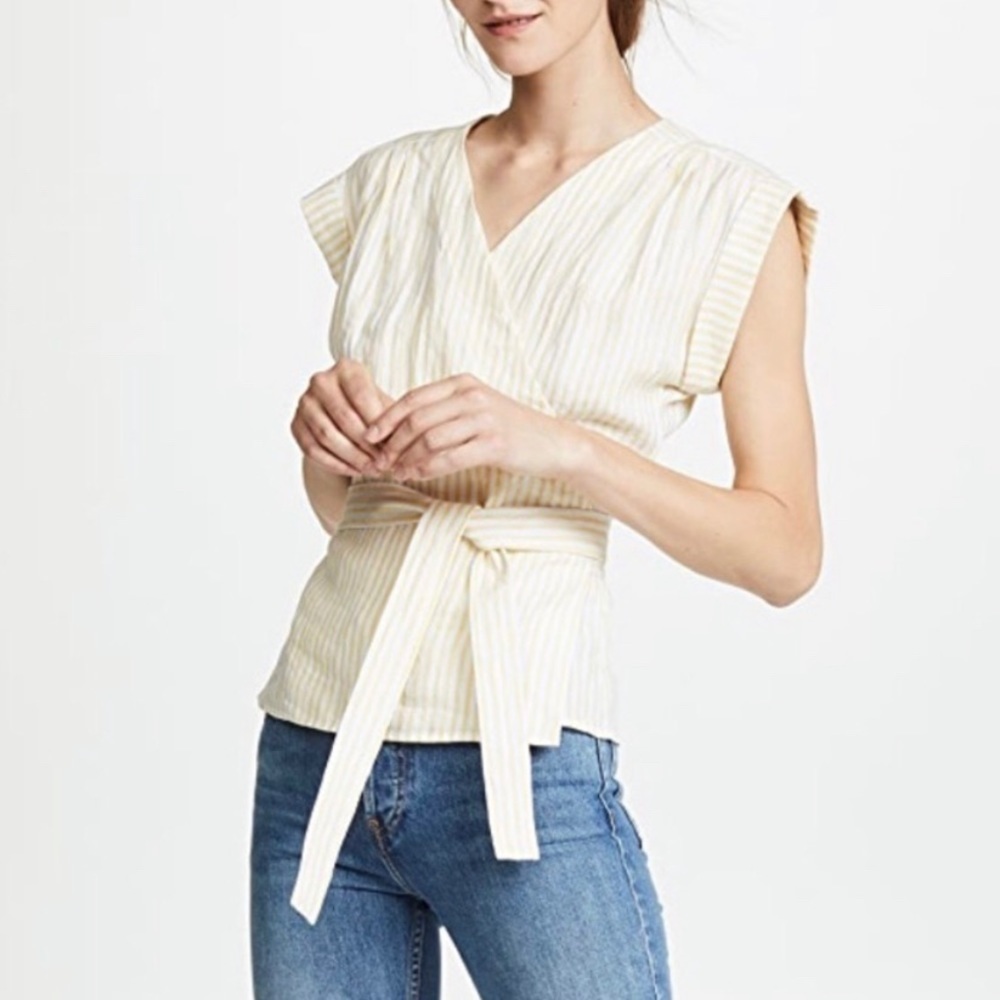 Frame Denim Cream and White Striped Wrap Blouse